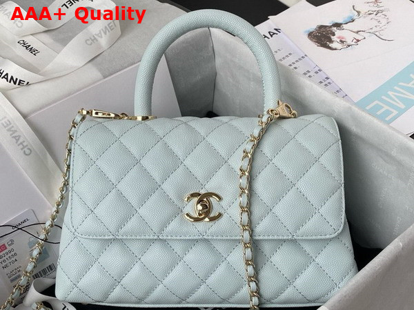Chanel Flap Bag with Top Handle Light Blue Grained Calfskin Gold Tone Metal A92990 Replica