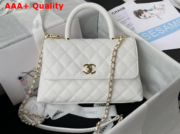 Chanel Flap Bag with Top Handle White Grained Calfskin Gold Tone Metal A92990 Replica