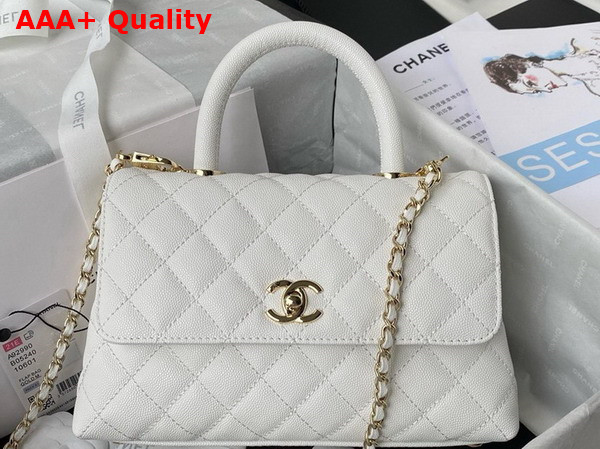 Chanel Flap Bag with Top Handle White Grained Calfskin Gold Tone Metal A92990 Replica