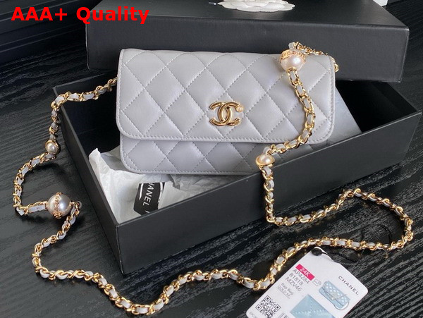 Chanel Flap Phone Holder with Chain Gray Shiny Lambskin Imitation Pearls Gold Tone Metal AP4284 Replica