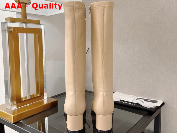 Chanel High Boot with Side Zip in Beige Lambskin and Black Grosgrain Replica