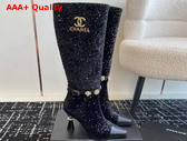 Chanel High Boots with Metal Flowers and Chanel Letter Logo Black Sequins Replica