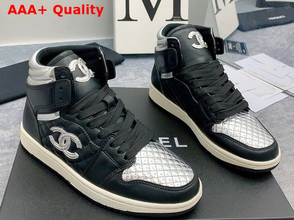 Chanel High Top Sneaker in Black and Silver Calfskin Replica