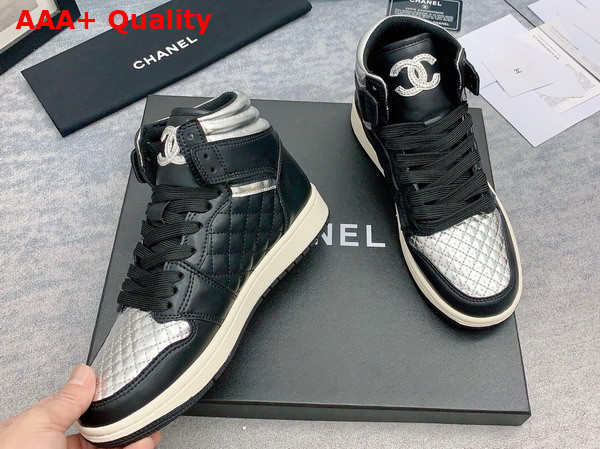 Chanel High Top Sneaker in Black and Silver Calfskin Replica