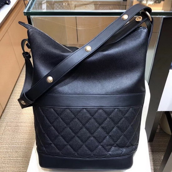 Chanel Hobo Handbag Black Grained Calfskin