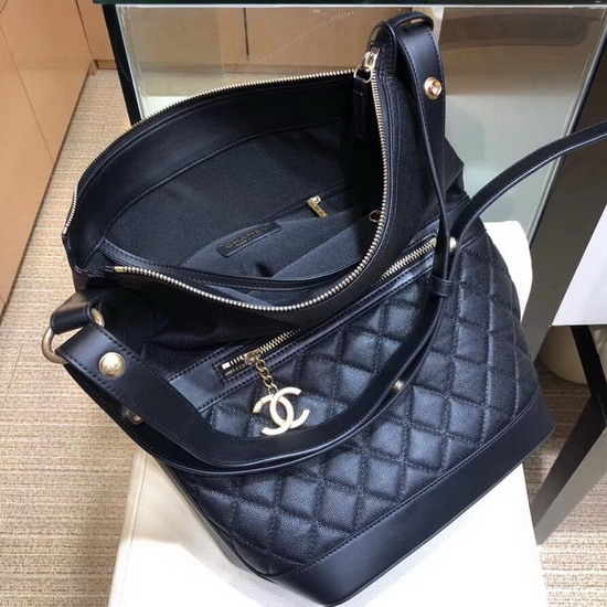 Chanel Hobo Handbag Black Grained Calfskin