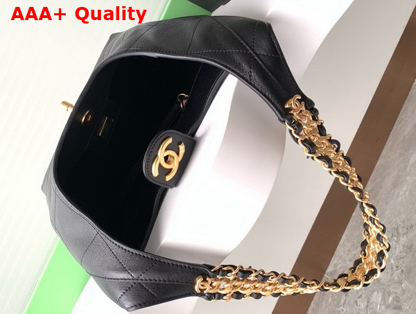 Chanel Hobo Handbag in Black Shiny Lambskin Gold Tone Metal AS5403 Replica