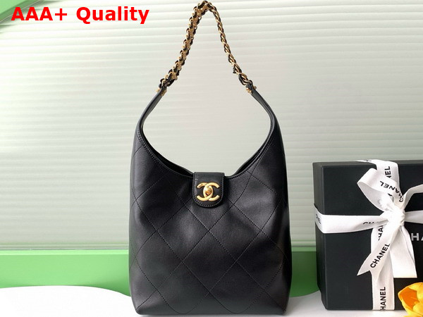 Chanel Hobo Handbag in Black Shiny Lambskin Gold Tone Metal AS5403 Replica