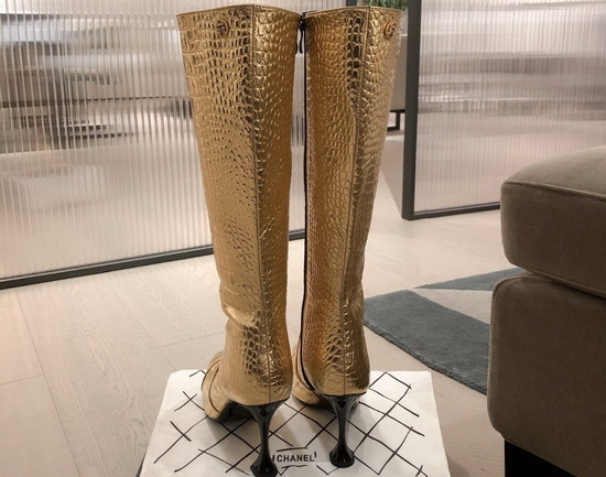 Chanel Knee Boots in Gold Crocodile Embossed Calfskin Replica