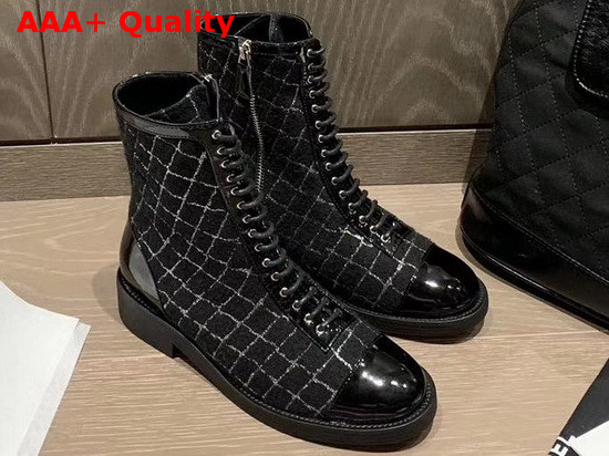 Chanel Lace Up Boot in Black Tweed Replica