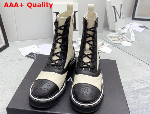 Chanel Lace Up Boots White and Black Quilted Calfskin Replica