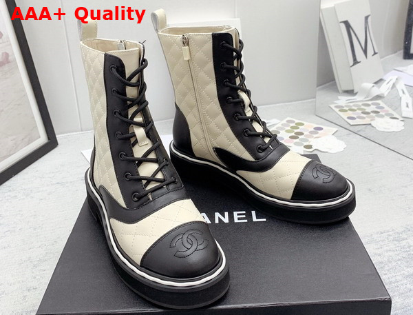 Chanel Lace Up Boots White and Black Quilted Calfskin Replica