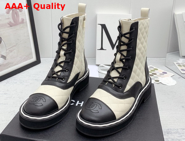 Chanel Lace Up Boots White and Black Quilted Calfskin Replica
