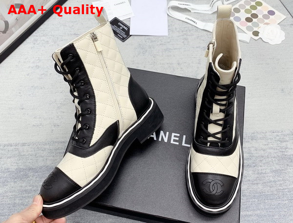 Chanel Lace Up Boots White and Black Quilted Calfskin Replica