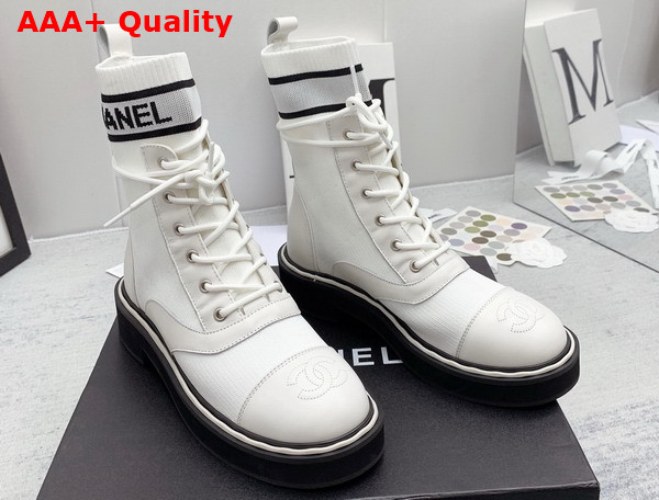 Chanel Lace Up Boots in White Calfskin and Knit Replica