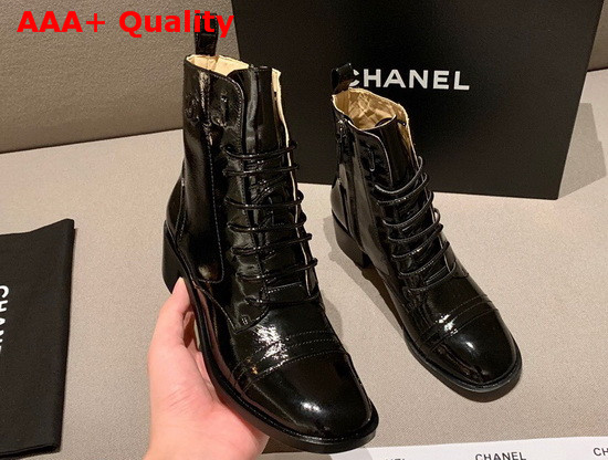 Chanel Lace Up Boots with Side Zip Black Patent Calfskin Replica