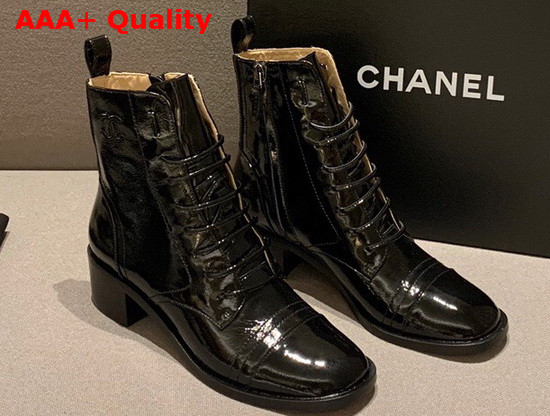 Chanel Lace Up Boots with Side Zip Black Patent Calfskin Replica