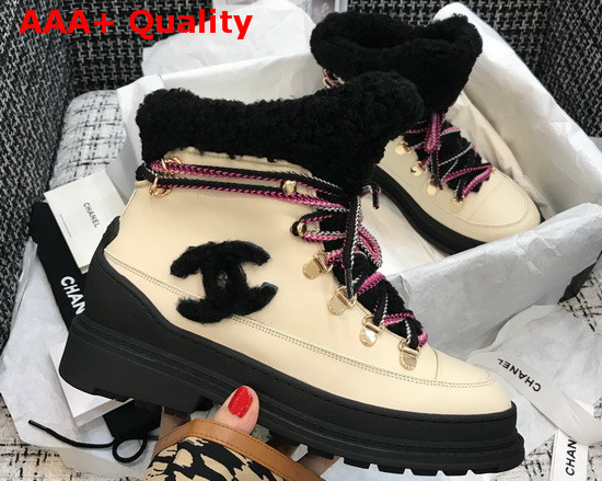 Chanel Lace Ups Beige Calfskin and Black Shearling Lining Replica