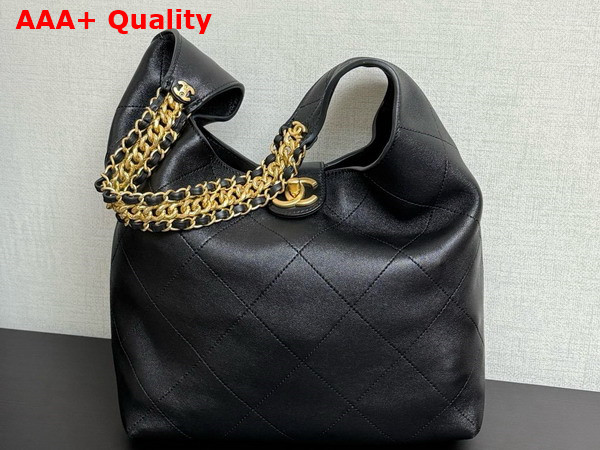 Chanel Large Hobo Bag Shiny Lambskin Gold Tone Metal Black AS5410 Replica
