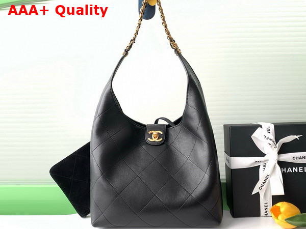 Chanel Large Hobo Bag in Black Shiny Lambskin Gold Tone Metal AS5410 Replica