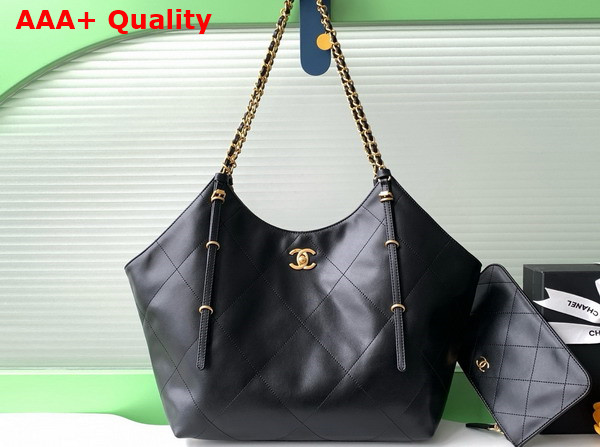 Chanel Large Shopping Bag Calfskin Gold Tone Metal Black AS5466 Replica