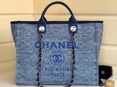 Chanel Large Shopping Bag Light Blue Cotton Nylon Lurex Calfskin Gold Tone Metal A93786