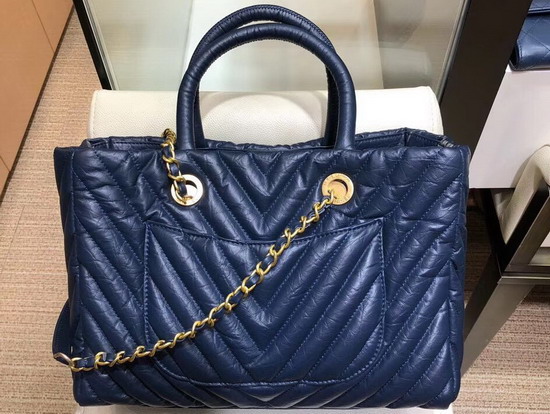 Chanel Large Shopping Bag Navy Blue Aged Calfskin Gold Tone Metal A57974