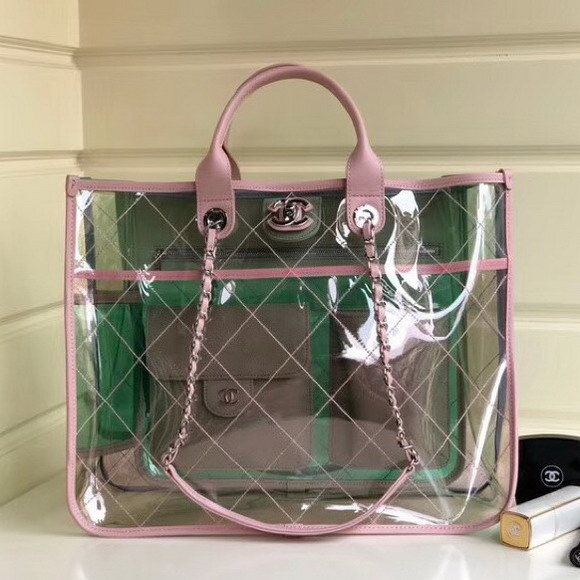 Chanel Large Shopping Bag PVC Lambskin and Silver Tone Metal Pink and Green