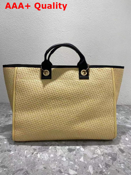 Chanel Large Shopping Bag Straw Calfskin and Gold Tone Metal Beige and Black A66941 Replica