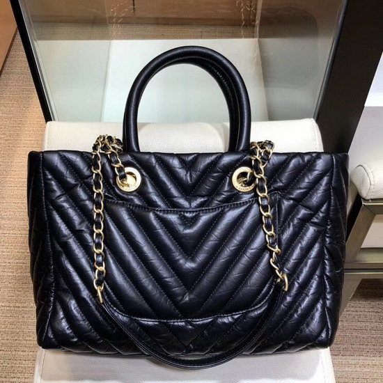 Chanel Large Shopping Bag in Aged Calfskin with Chevron Detail Black A57974