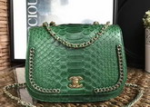 Chanel Latest Flap Bag in Green Python with Gold Tone Metal For Sale