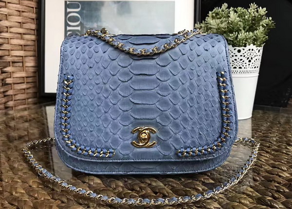 Chanel Latest Flap Bag in Light Blue Python with Gold Tone Metal For Sale