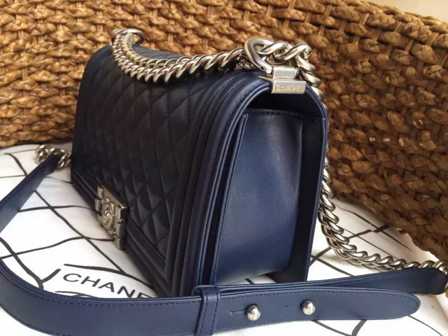Chanel Le Boy Navy Blue Lambskin Silver Hardware for Sale