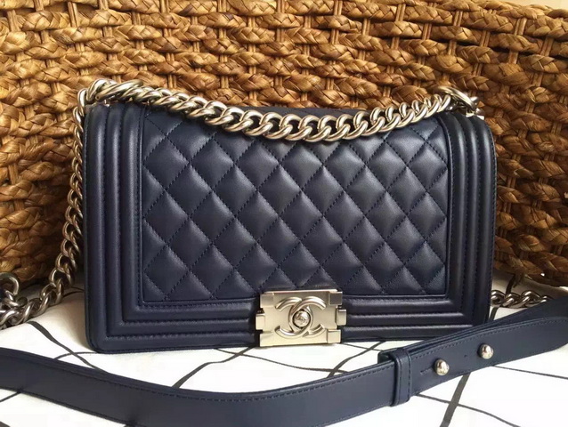 Chanel Le Boy Navy Blue Lambskin Silver Hardware for Sale