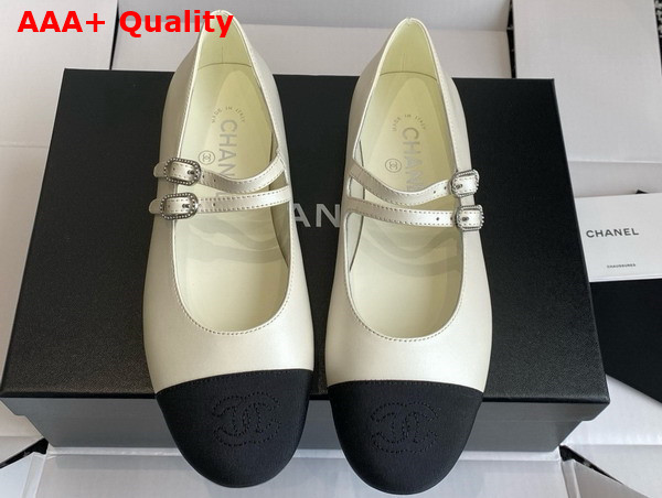 Chanel Mary Jane Ballerina White and Black Lambskin and Grosgrain Replica