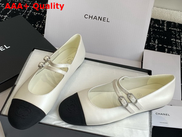 Chanel Mary Jane Ballerina White and Black Lambskin and Grosgrain Replica