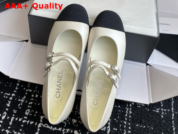 Chanel Mary Jane Ballerina White and Black Lambskin and Grosgrain Replica