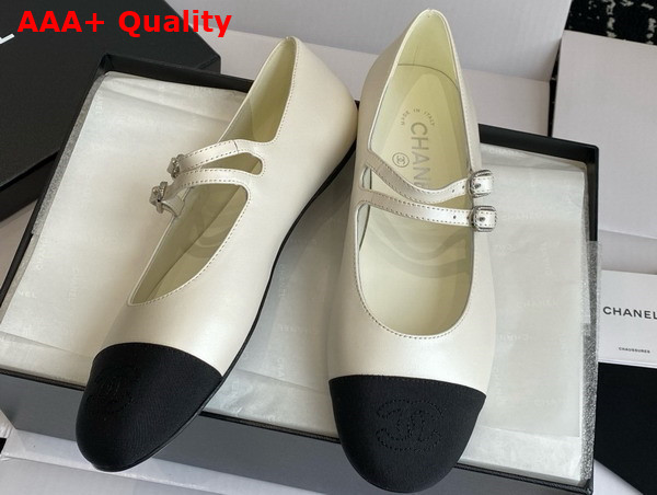 Chanel Mary Jane Ballerina White and Black Lambskin and Grosgrain Replica