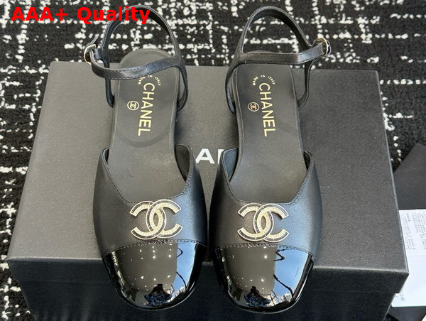 Chanel Mary Jane Pump in Black Lambskin and Patent Calfskin Replica