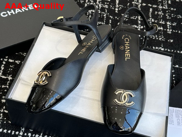 Chanel Mary Jane Pump in Black Lambskin and Patent Calfskin Replica