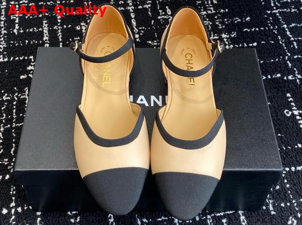 Chanel Mary Jane Pumps in Beige and Black Lambskin and Grosgrain Replica