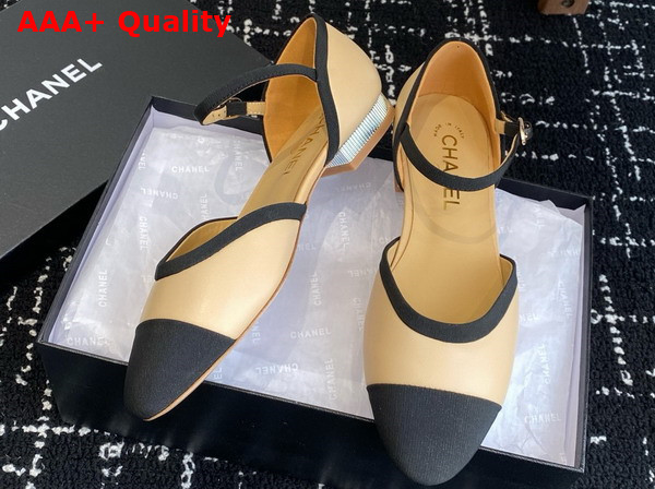 Chanel Mary Jane Pumps in Beige and Black Lambskin and Grosgrain Replica