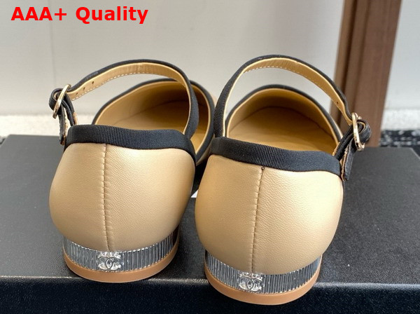 Chanel Mary Jane Pumps in Beige and Black Lambskin and Grosgrain Replica