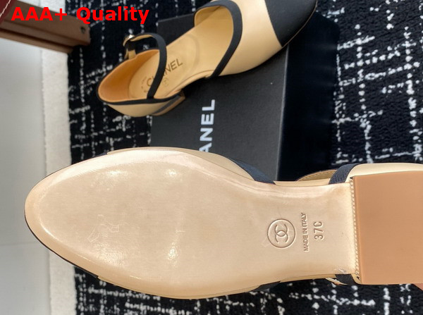 Chanel Mary Jane Pumps in Beige and Black Lambskin and Grosgrain Replica