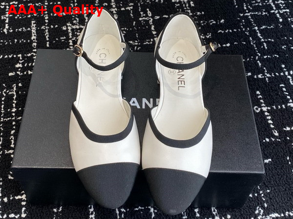 Chanel Mary Jane Pumps in White and Black Lambskin and Grosgrain Replica