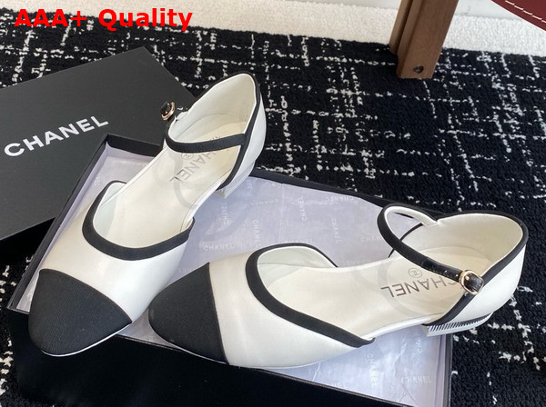 Chanel Mary Jane Pumps in White and Black Lambskin and Grosgrain Replica