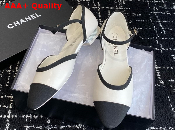 Chanel Mary Jane Pumps in White and Black Lambskin and Grosgrain Replica
