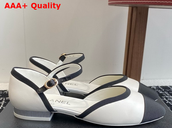 Chanel Mary Jane Pumps in White and Black Lambskin and Grosgrain Replica