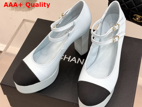 Chanel Mary Janes Lambskin and Grosgrain Light Blue and Black G46433 Replica
