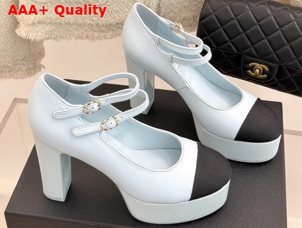 Chanel Mary Janes Lambskin and Grosgrain Light Blue and Black G46433 Replica